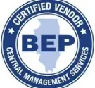 A blue and white logo for the certified vendor central management services.