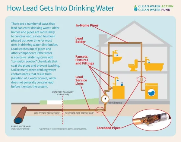 A diagram of how lead gets into drinking water.