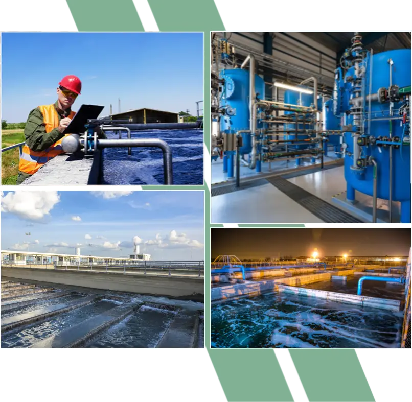 A collage of different pictures with water treatment plants.